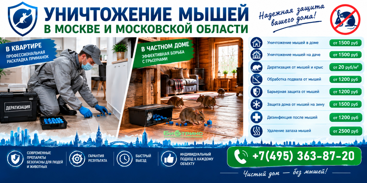 Экстренный выезд службы дератизации для уничтожения мышей в жилых и коммерческих помещениях Москвы, обработка объекта в день обращения.