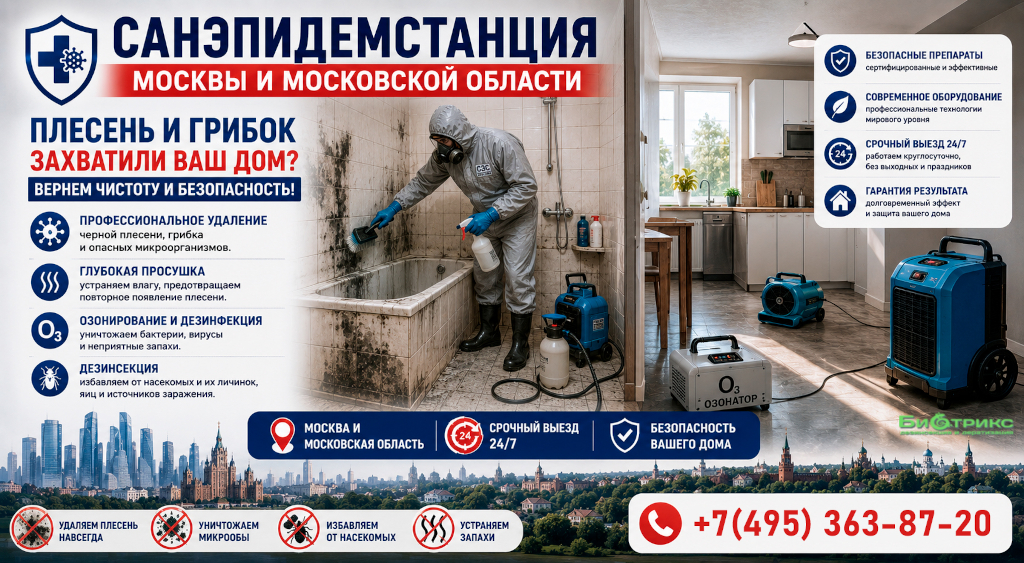 Появилась черная, белая или рыжая плесень в квартире в результате нашествия бактерий? СЭС служба Биотрикс выполняет срочную обработку в Москве возле метро: ванная, санузел, кухня, коридор, подвал. Уничтожение грибка, бактерий и спор методом дезинфекции, холодного и горячего тумана, озонирования и дезодорации. Цена от 1800 ₽, выезд в день обращения, гарантия на обработку.
